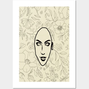 Beige and black floral line art minimalist abstract mid century modern art Posters and Art